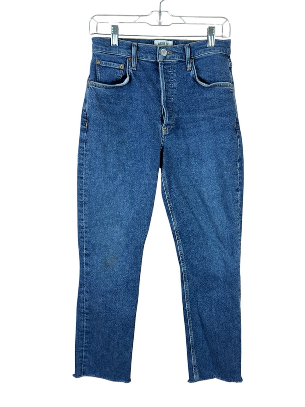 AGOLDE womens 27 Riley button fly high rise raw hem straight leg cropped jeans